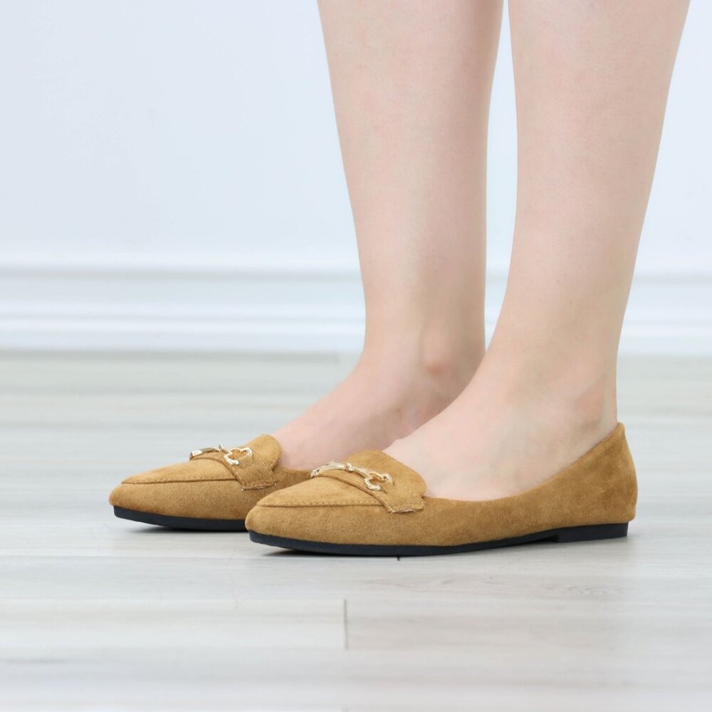 Tan Faux Suede Loafers Pointed Toe Gold Horsebit Slip-On Flats - Picture 8 of 13